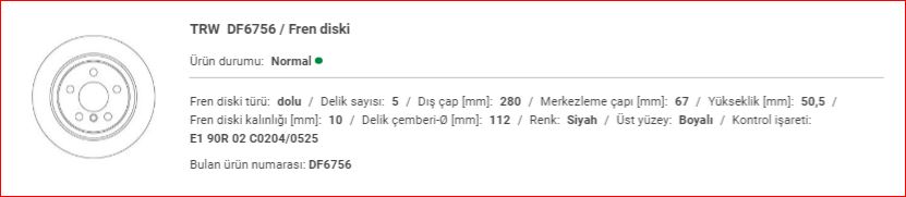 BMW F40-F45-F48 MINI F60 ARKA FREN DİSKİ TAKIM 34216799367 numaralı bu parça